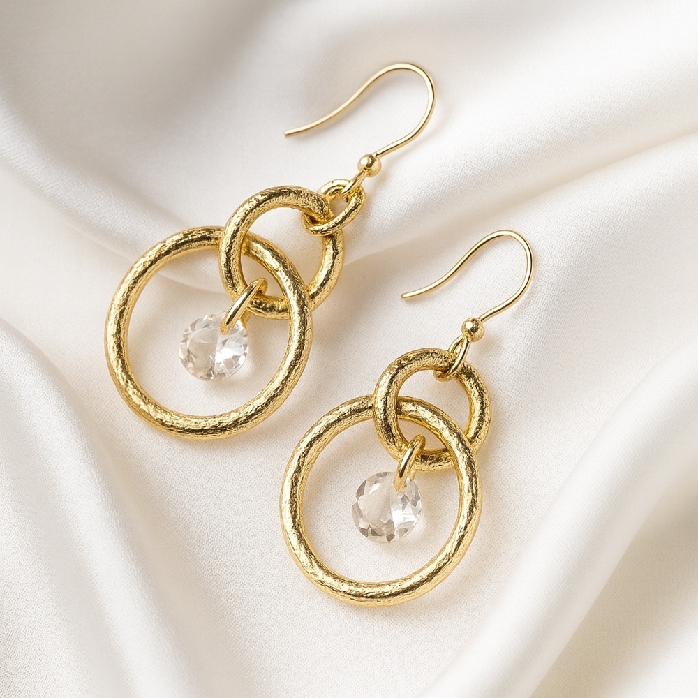 Gold Interlocking Hoop Drop Earrings with Crystal Bead — Hypoallergenic Jewelry